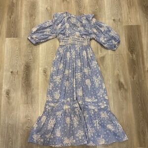 Free People Maxi Dress Blue Floral Smocked Waist Puff Sleeve Boho Size M